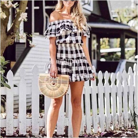 MISA Los Angeles Marielle Gingham Check Off The Shoulder Dress - Picture 8 of 8
